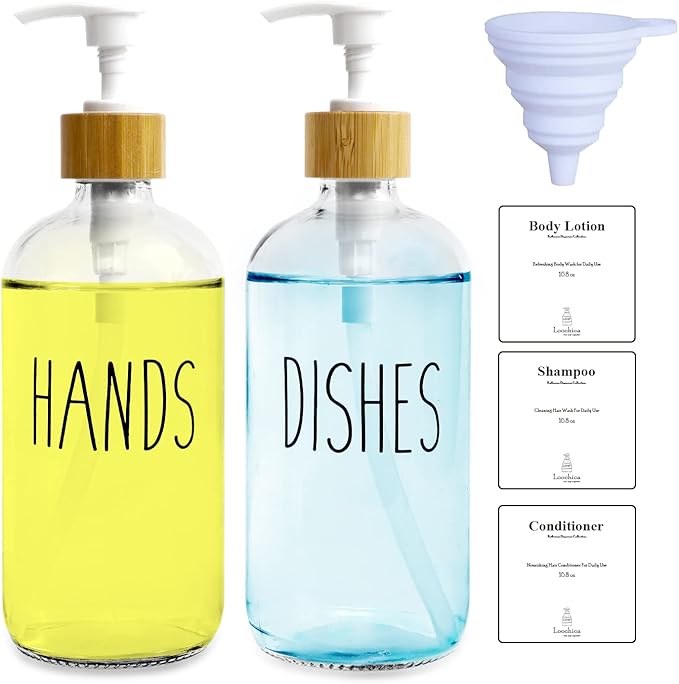 LOOCHICA 2 Pack Clear Glass Soap Dispenser with Plastic Pump, Transparent Dish and Hand Soap Dispenser Set, Refillable Reusable Apothecary Soap Pump Dispenser Bottles for Bathroom and Kitchen