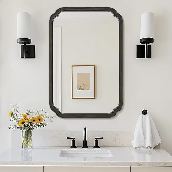 WallBeyond 24" x 36" Rounded Corner Arch Wall Mirror with Wood Frame for Entryway, Living Room or Bedroom Home Decor - Light Woodgrain [24" x 36" Black]