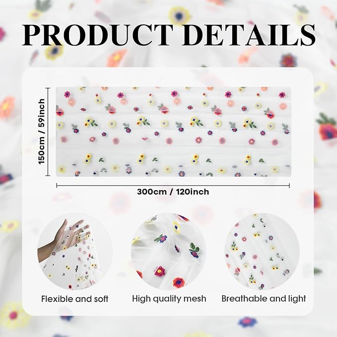 Artoid Mode Embroidery Daisy Spring Gauze Table Runner 59x120 Inch 10FT, Seasonal Sheer Kitchen Dining Holiday Wedding Birthday Table Decor for Home Party