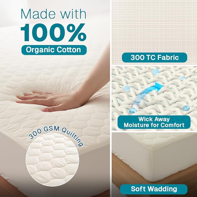 FABDREAMS Organic Quilted Mattress Protector Queen Size | Mattress Pad| Mattress Cover| Naturally Breathable | Noiseless| Fits up to 17" Deep Pocket| Temperature Regulating | Ivory