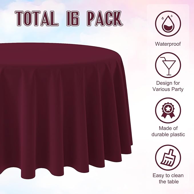 16 Pack Maroon Plastic Tablecloth for Round Tables, Premium Decorative Burgundy Disposable Table Cloths for Parties, Maroon Round Party Table Cover for Birthday Anniversary Graduation, 84 Inch