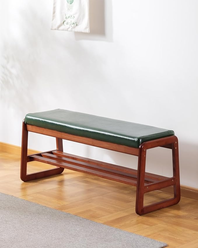 Shoe Rack Bench, Solid Wood Entryway Bench, Shoe Bench with Cushion Padded Seat for Entry, Hallway(Green-39.4")