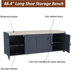 HOMEFORT 48.4" Shoe Storage Bench with Cushion, Entryway Bench with Paddded Seat, 2-Tier Shoe Cabinet Bench with Adjustable Shelves and 4 Doors, Wooden End of Bed Bench, for Bedroom, Hallway, Blue