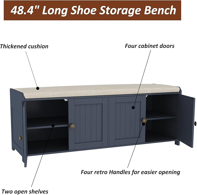 HOMEFORT 48.4" Shoe Storage Bench with Cushion, Entryway Bench with Paddded Seat, 2-Tier Shoe Cabinet Bench with Adjustable Shelves and 4 Doors, Wooden End of Bed Bench, for Bedroom, Hallway, Blue