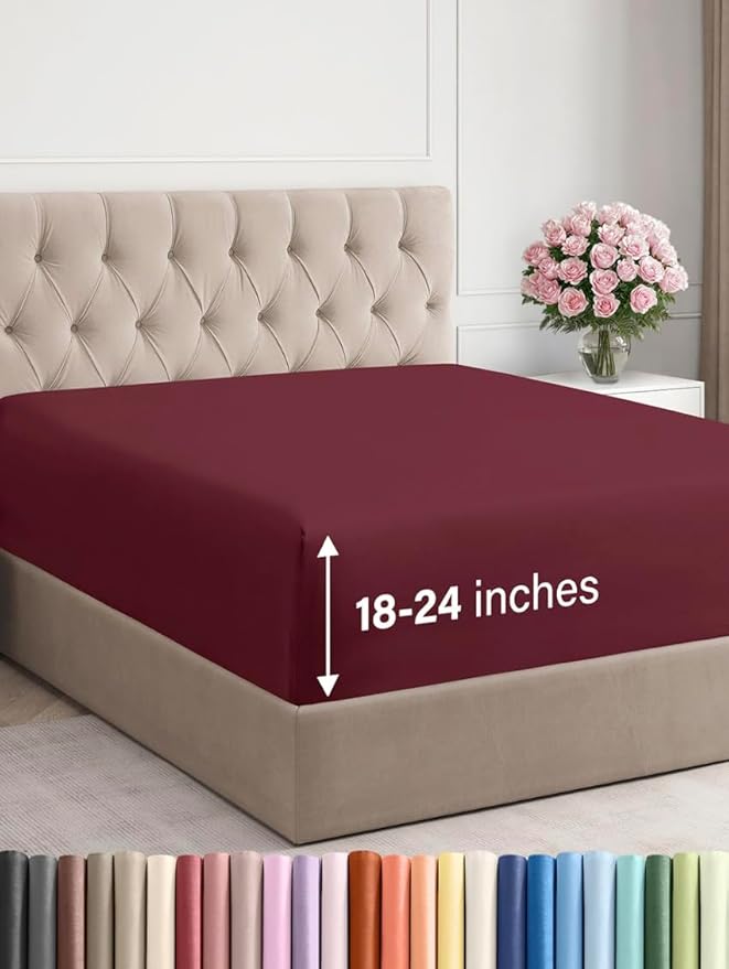Extra Deep Queen Fitted Sheet - Hotel Luxury Single Fitted Sheet Only - Easily Fits 18 inch to 24 inch Mattress - Ultra Soft, Wrinkle & Fade Free w/Extra Deep Pockets - Breathable & Comfy - Burgundy