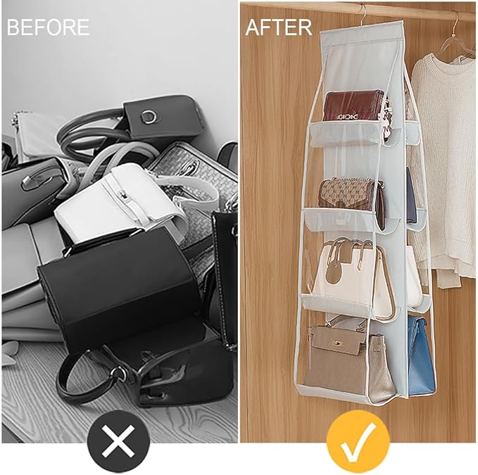AARAINBOW 2 Packs Hanging Handbag Purse Organizer for Closet, 8 Pockets Space Saving Purse Storage Organizers, Wardrobe Bag Organizer Pocketbook Organizer, 45.7 L x 14.1W (2 Light Gray)