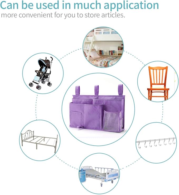 Bseash Bunk Bed Organizer, Bedside Caddy Hanging Bed Organizer Storage Bag 8 Pockets, for College Dorm Rooms Bed, Hospital Bed, Baby Bed Rails, 600D Oxford Cloth (Purple)