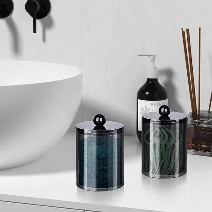 XIPENGKEJI 2 Pack Qtip Holder,Canister Apothecary Jar Set, Bathroom Jars with Lids Set for Cotton Swabs, Balls, Pads, Floss Picks,10oz-12oz Plastic Canisters Restroom Bedroom Vanity Organizer(Black)