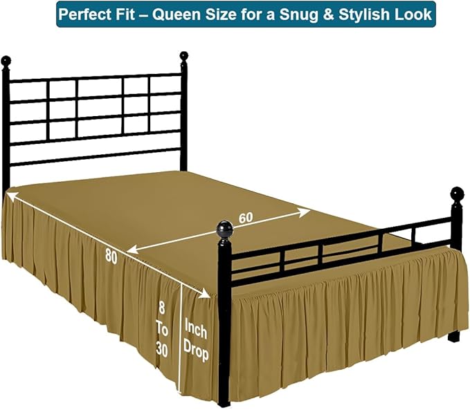 Shreem Linen Ruffled Bed Skirt with Split Corners, Gathered Style, 100% Microfiber, 28-Inch Drop, Dust Ruffle Bedskirt with Platform, Queen, Taupe