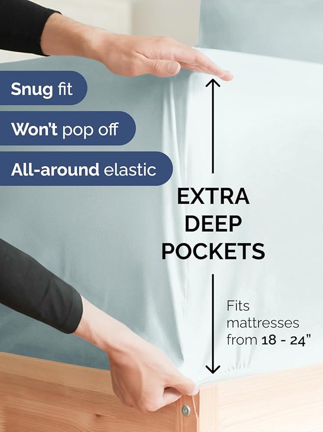 Extra Deep Twin XL Fitted Sheet - Hotel Luxury Single Fitted Sheet Only - Easily Fits 18 inch to 24 inch Mattress - Ultra Soft, Wrinkle & Fade Free w/Extra Deep Pocket - Breathable & Comfy - Ice Blue