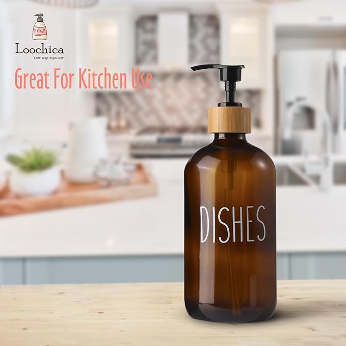LOOCHICA Dish Amber Glass Soap Dispenser with Plastic Pump, 16 Oz Brown Dish Soap Dispenser Set Refillable Reusable Apothecary Soap Pump Dispenser Bottles for Bathroom and Kitchen