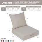 Outdoor Olefin Water-Resistant Deep Seat Cushion Set, 23''x26''x6'' Weather and Fade Resistant Patio Furniture Seat Cushion, Thickened Sofa Chair Pad with Straps for Lawn, Garden, Gray Apricot