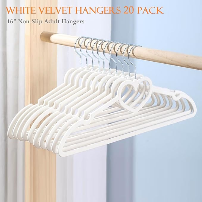 Velvet Hangers 20 Pack, 16" Non Slip Adult Hangers, Slim Clothes Hanger with 360 Degree Swivel Hook - Durable & Cute for Coats, Shirts, Dress (White)