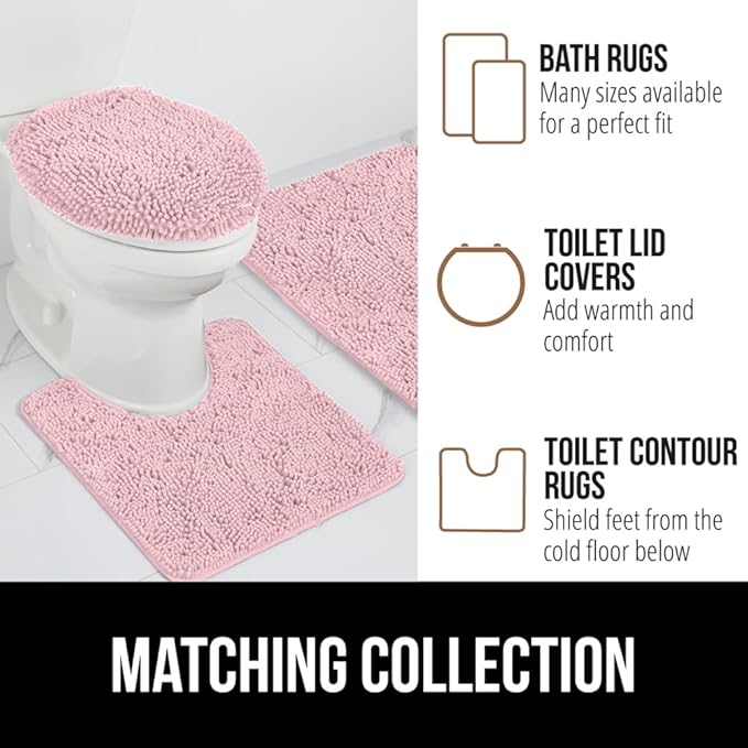 GORILLA GRIP Plush Absorbent Shaggy Chenille Bath Rug Mat for Oval Toilet Base with Rubber Backing, Machine Washable Rugs, Soft Microfiber Contour Mats for Toilets, Bathroom Decor, Lt Pink
