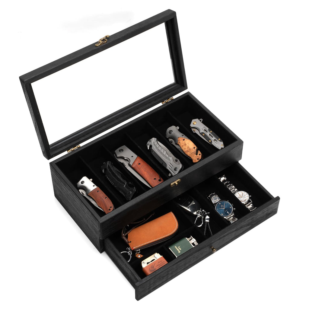 Yoimori 2-Layer Pocket Knife Case Display & Storage, Solid Wood Knife Case for Collections, Gift for Boyfriend, Fathers Day, Birthday Gifts (Black)