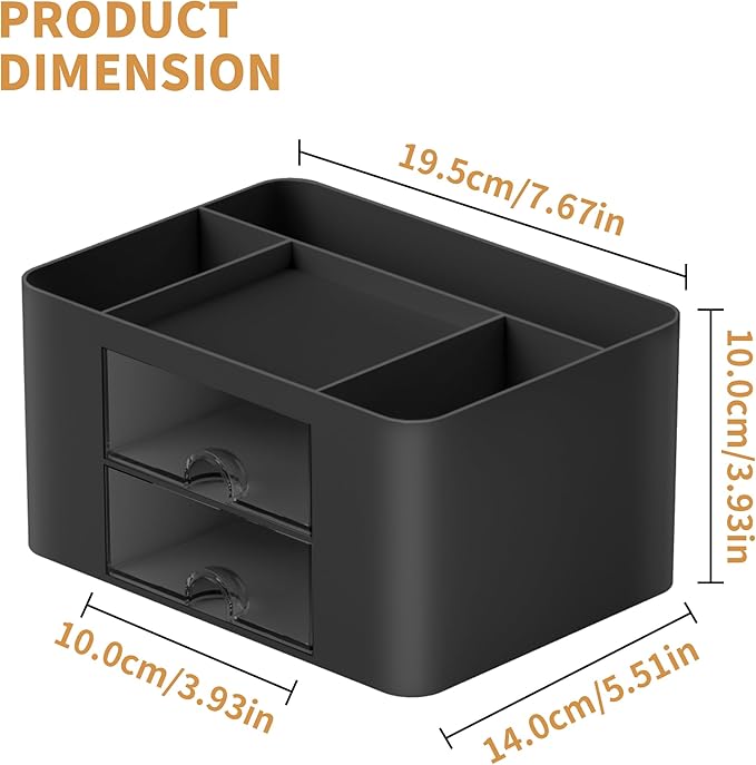 Marbrasse Pen Organizer with 2 Drawer, Multi-Functional Pencil Holder for Desk, Desk Organizers and Accessories with 5 Compartments + Drawer for Office Art Supplies (Black)