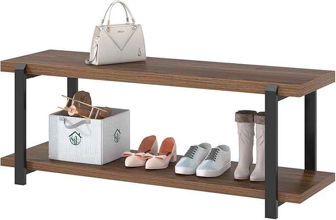 FOLUBAN Entryway Bench with Shoe Storage, Modern End of Bed Bench, Wood and Metal Entry Bench for Hallway Front Door Entrance, Industrial Indoor Bench for Bedroom Living Room, Rustic Walnut, 47 Inch