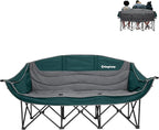 KingCamp 3 Person Camping Chair, Oversized 1100lbs Heavy Duty Loveseat for Adults Portable Folding XL 2 Person Couch Padded Comfortable Three Seat with Cup Holder for Outdoor Lawn Backyard, Green/Grey