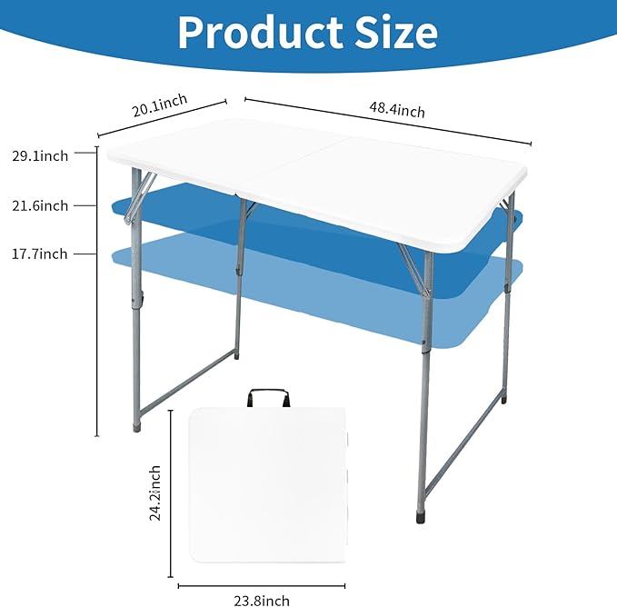 Gocamptoo Folding Table,4ft Indoor Outdoor Heavy Duty Portable Folding Square Plastic Dining Table w/Handle, Lock for Picnic, Party, Camping (4 FT)-White