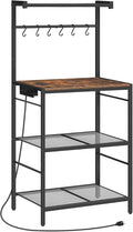 MAHANCRIS Bakers Rack with Power Outlet, Kitchen Storage Shelf with 6 Hooks, Microwave Stand with Storage, 4-Tier Coffee Bar Station, for Kitchen, Dining Room, Rustic Brown BRHR35E01