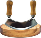 TIYOORTA MEZZALUNA KNIFE AND CUTTING BOARD – Double Blade herb chopper ULU Knife with 8 inch Recessed Board Set– For Efficient Mincing Nuts n Veggies