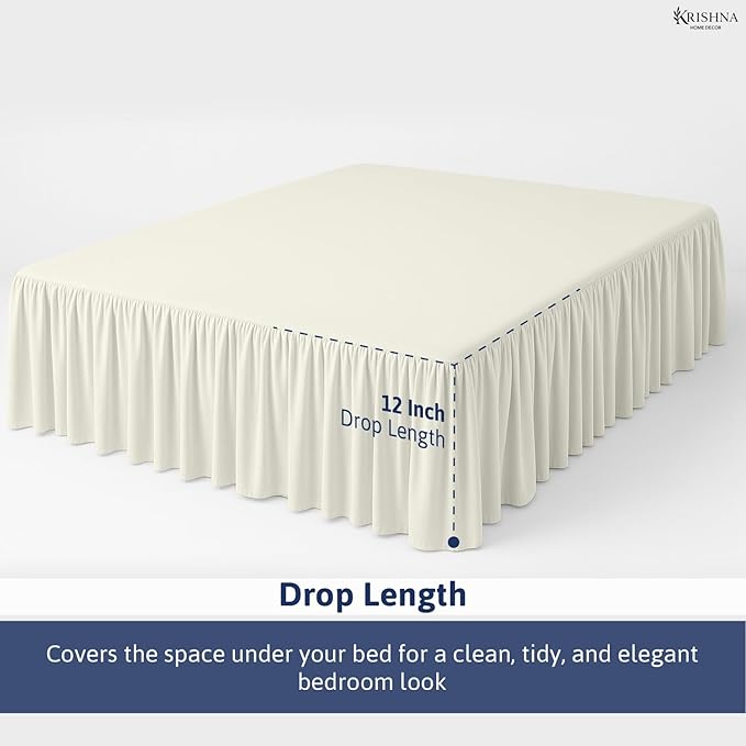 KRISHNA Ruffled Bed Skirt with Split Corners King, 100% Microfiber Hotel Quality, 12 Inch Drop Dust Ruffle Gathered Bedskirt with Platform, 78" x 80", Ivory