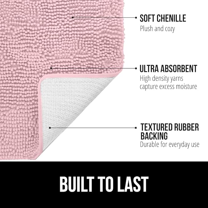 GORILLA GRIP Plush Absorbent Shaggy Chenille Bath Rug Mat for Oval Toilet Base with Rubber Backing, Machine Washable Rugs, Soft Microfiber Contour Mats for Toilets, Bathroom Decor, Lt Pink