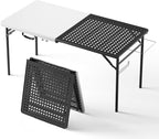 Folding Table, 5ft Folding Grill Table, Portable Camping Table for Cooking & BBQ Prep, 2-in-1 Metal&Solid Surface Foldable Grill Station for Outdoor Camping, Backyard, Patio Use,(Black and White)