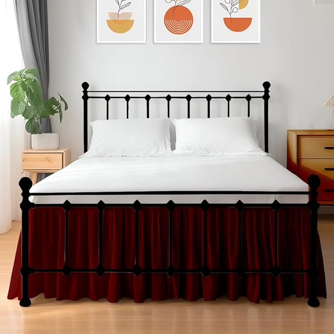 Shreem Linen Ruffled Bed Skirt with Split Corners, Gathered Style, 100% Microfiber, 28-Inch Drop, Dust Ruffle Bedskirt with Platform, Queen, Burgundy