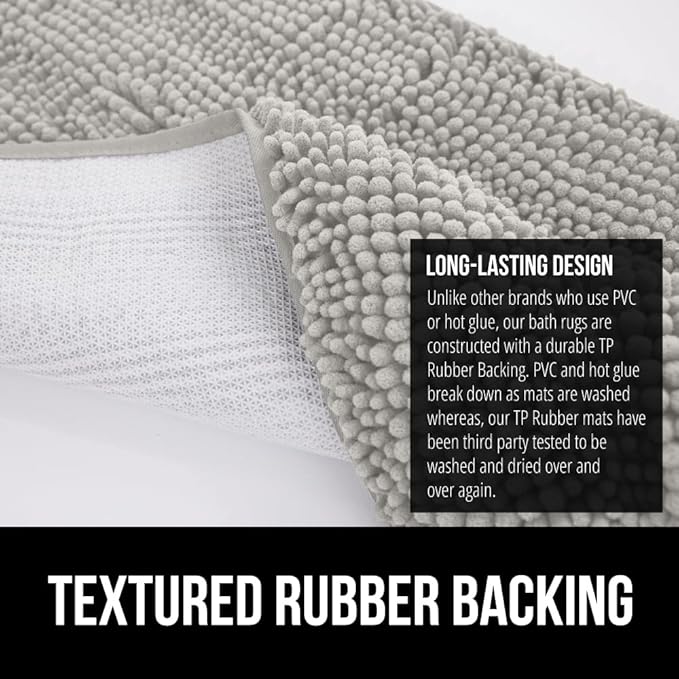 GORILLA GRIP Plush Absorbent Shaggy Chenille Bath Rug Mat for Square Toilet Base with Rubber Backing, Machine Washable Rugs, Soft Microfiber Contour Mats for Toilets, Bathroom Decor, Lt Gray
