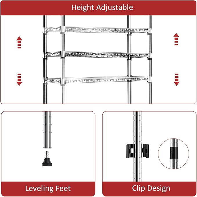 IZEUK 3-Tier Heavy Duty Steel Storage Shelves, Metal Shelf Wire Shelving Rack for Pantry, Kitchen, Home or Office Organization (29.5" W x 13.8" D x 35.5" H, 750LBS, Chrome)