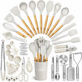 Kaluns 50 PCS Silicone Kitchen Utensils Set Complete Kitchen Set - 800°F Heat Resistant Non-Stick Premium Cooking Utensils W Wooden Handles - Can Opener, Masher, Turner, Silicone Spatula Set