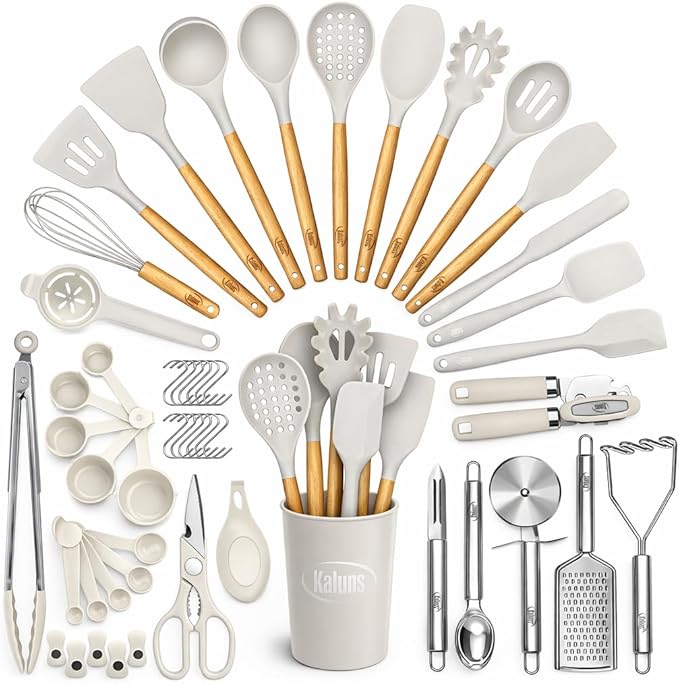 Kaluns 50 PCS Silicone Kitchen Utensils Set Complete Kitchen Set - 800°F Heat Resistant Non-Stick Premium Cooking Utensils W Wooden Handles - Can Opener, Masher, Turner, Silicone Spatula Set