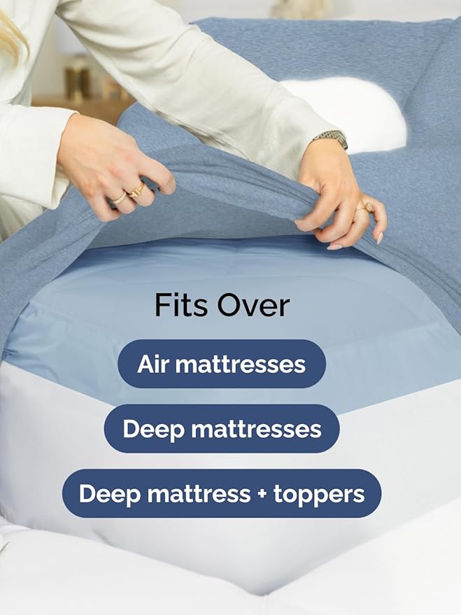 Extra Deep Full Fitted Sheet - Hotel Luxury Single Fitted Sheet Only - Easily Fits 18 inch to 24 inch Mattress - Ultra Soft, Wrinkle Free with Extra Deep Pockets - Breathable & Comfy - Heathered Blue
