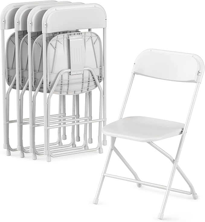 Allpop 4 Pack Plastic Folding Chair, 300lb Capacity, Portable Commercial Chair Seat with Steel Frame for Office Wedding Party Indoor Outdoor Events, Stackable, White
