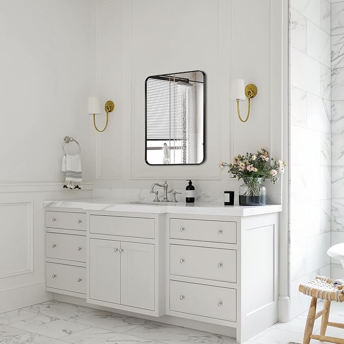 Wall Mount Mirror for Bathroom, Brushed Black Metal Framed Rounded Corner Rectangular Vanity Mirror (18" x 24", Black)