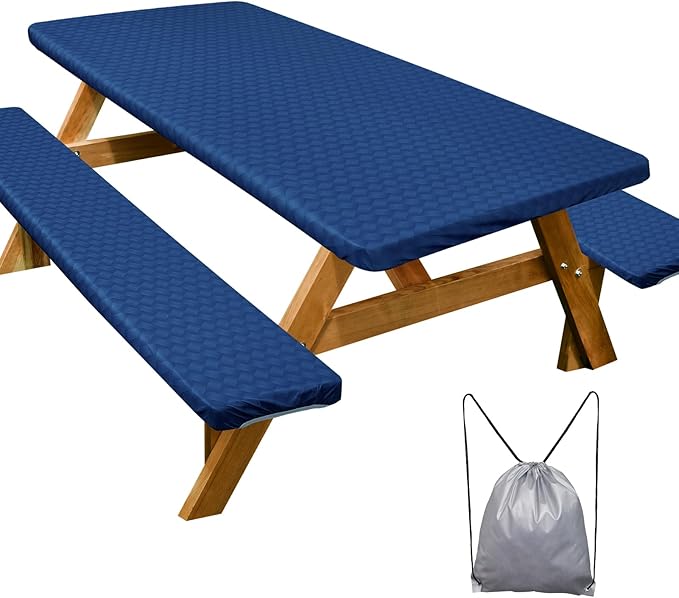 Picnic Table Cover with Bench Covers Camping Essentials Waterproof Windproof Camping Tablecloth with Drawstring Bag, Fitted Rectangle Tables and Seats, 96in, Deep Blue