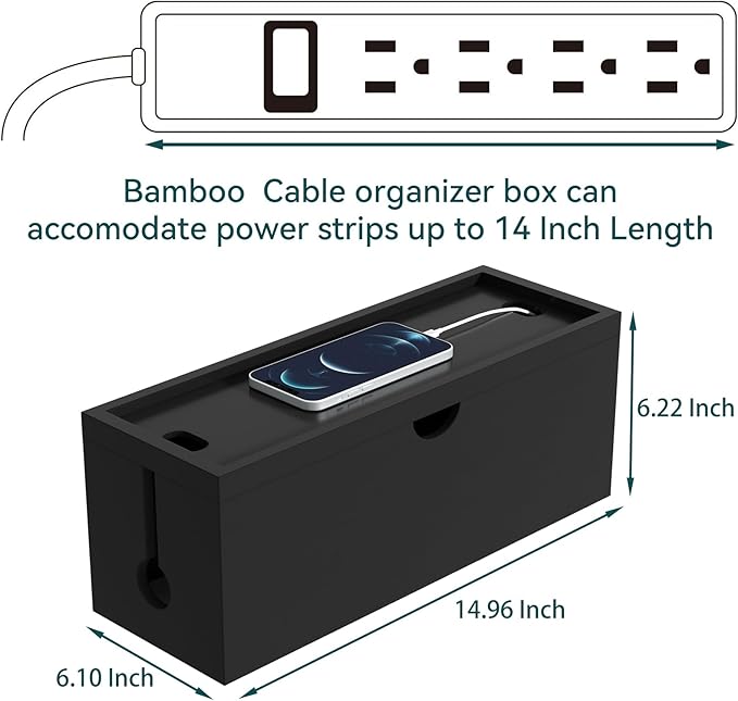 Bamboo Cable Management Box, Large Cord Organizer Box Cable Box to Hide Wires & Power Strips for Desktop Storage Cord Holder for Office Home,No Assembley Required (All Black, Large)