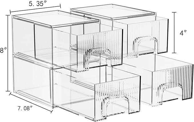ZHIAI 4 Pack Clear Stackable Storage Drawer, Acrylic Drawer, Cosmetic Organizer, Plastic Organizer for Dresser, Under, Kitchen Cabinet, Pantry, Home Organization and Storage