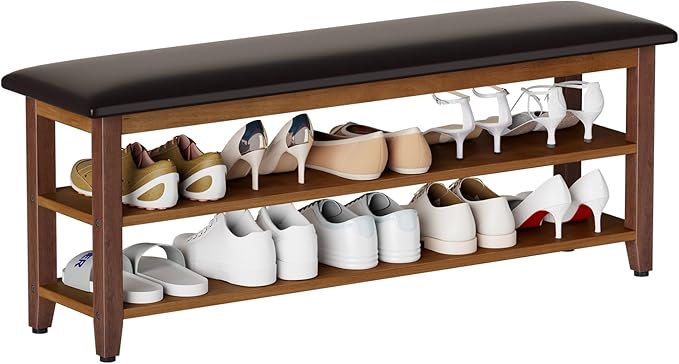 Shoe Bench with Leather Cushion,Wood Bench with Shoe Rack,2-Tier Shoe Storage Organizer for Entryway,Hallway,Living Room (2-Tier-47.3", Rubberwood)