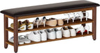 Shoe Bench with Leather Cushion,Wood Bench with Shoe Rack,2-Tier Shoe Storage Organizer for Entryway,Hallway,Living Room (2-Tier-47.3", Rubberwood)