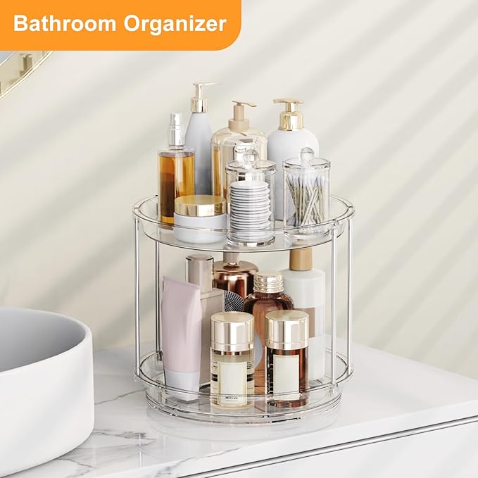 360 Rotating Makeup Organizer – 2 Tier Lazy Susan Turntable Organizer, Clear Bathroom Counter Organizer for Vanity, Spinning Skincare Perfume Tray for Bathroom, Dresser, Kitchen Cabinet