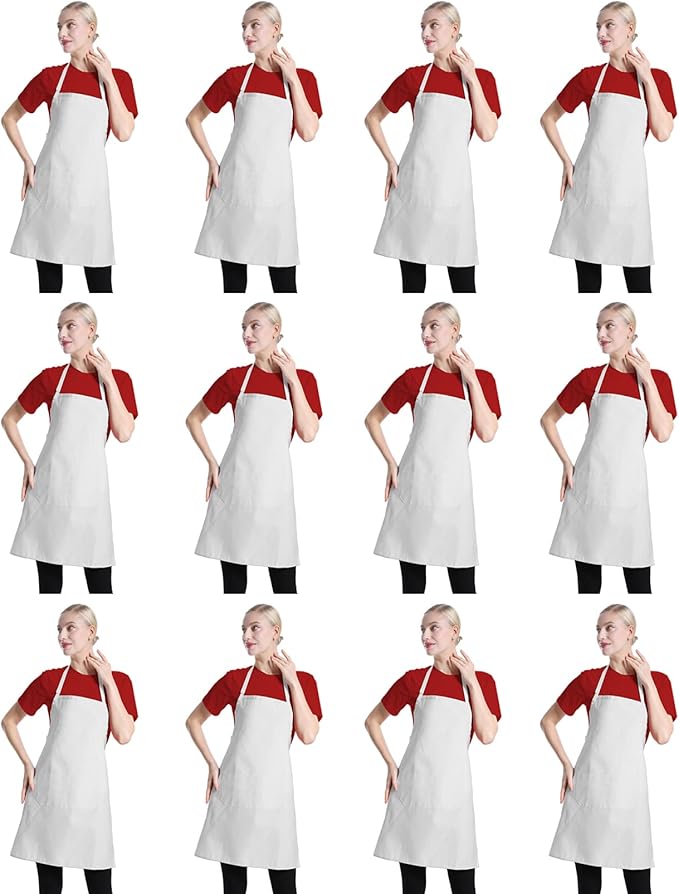 12 Pcs Bib Bulk White Aprons for Women Men Adult Girls Unisex with 2 Pockets, Baking Cooking Kitchen Painting Apron (White,12 pcs)