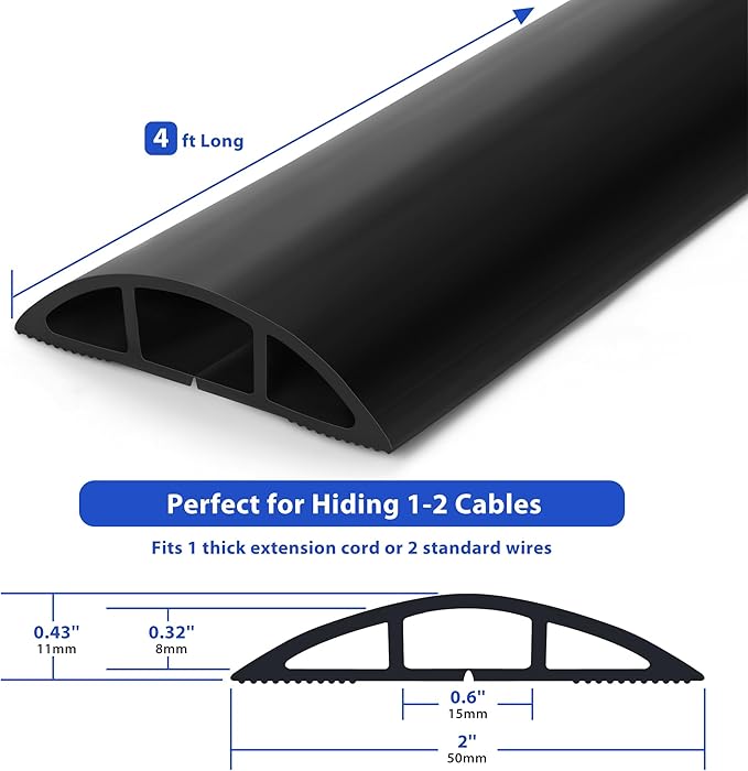 ZhiYo Floor Cord Cover 4ft, Cord Hider Floor Hide Extension Cords, Cable Management Prevent Cable Trips, Floor Cable Cover Wire Covers for Cords, Cable Protector Cord Cavity W0.6in H0.32in Black