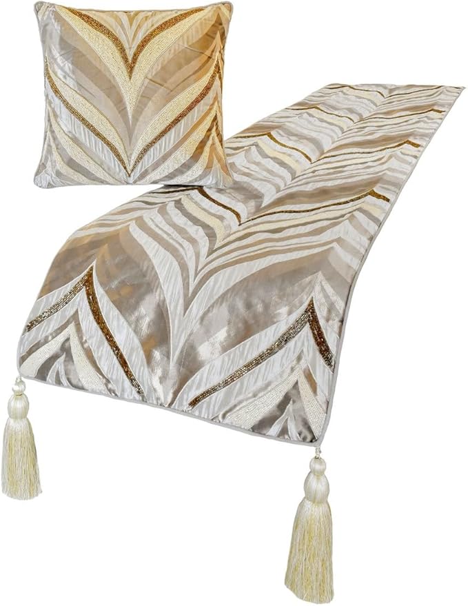 The HomeCentric King/Queen/Twin Ivory Luxury Twin 53"x18" Bed Runner with Two Pillow Cover, Bead Hand Embroidery Bed Scarf on Jacquard Fabric - Clarissa Serene