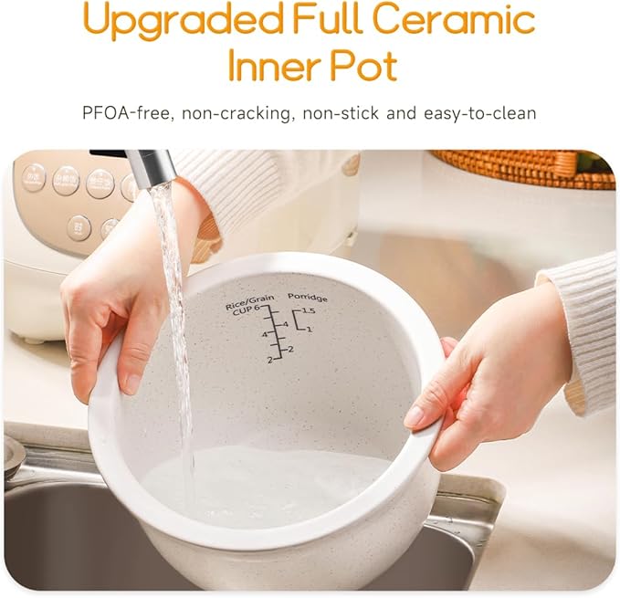 Joydeem Ceramic Rice Cooker, 6 Cups Uncooked Rice Cookers with Pure Ceramic Inner Pot, Healthy & PFOA Free, 3L/3.2 qt, DFB-C300