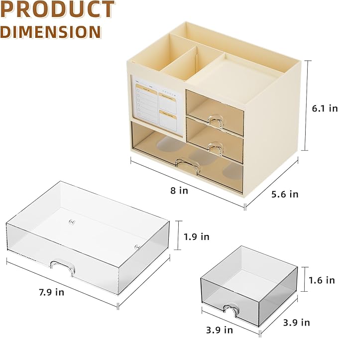 Marbrasse Desk Organizer with 3 Drawer, Multi-Functional Pencil Pen Holder for Desk, Desktop Organizer Storage for Office Home Art Supplies (Beige)