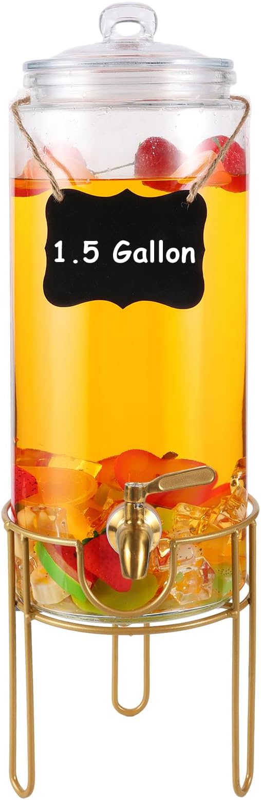 1.5 Gallon Drink dispenser, Glass Beverage Dispenser With Stand, Drink Dispensers for Parties With Stainless Steel Spigot + Marker & Chalkboard 100% Leakproof. Perfect For Parties And Daily Use