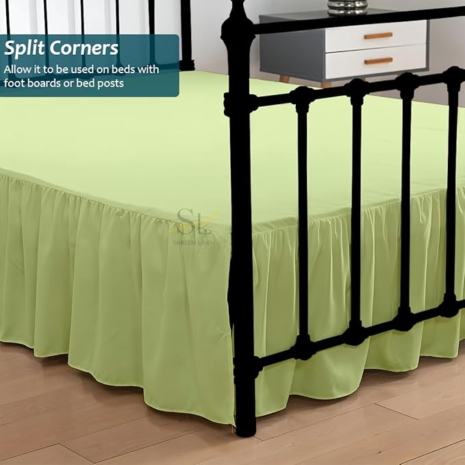 Shreem Linen Ruffled Bed Skirt with Split Corners, Gathered Style, 100% Microfiber, 15-Inch Drop, Dust Ruffle Bedskirt with Platform, Twin, Sage