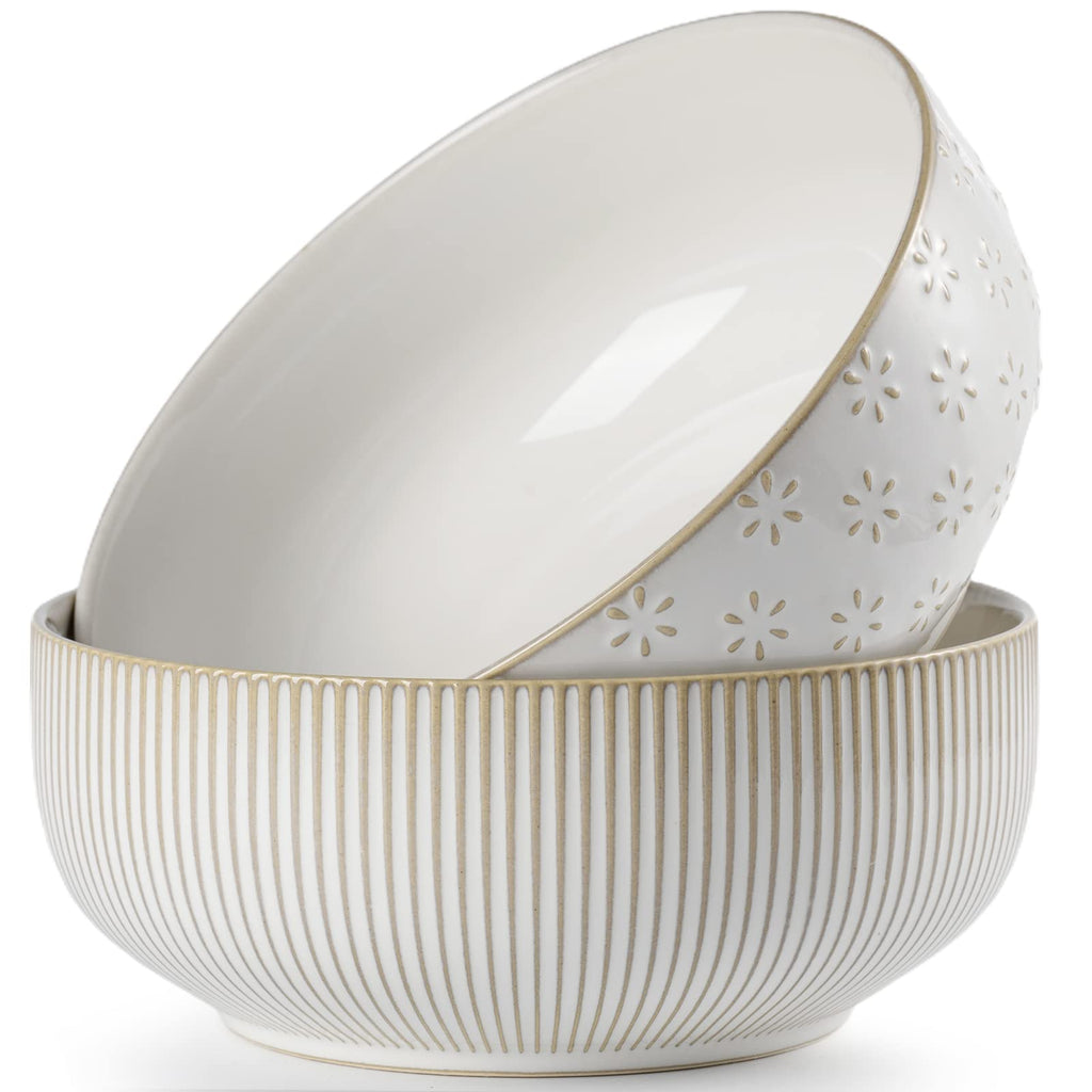 getstar Large Serving Bowls (8 inch & 60 fl oz), Ceramic Salad Bowl Set of 2, Microwave and Dishwasher Safe, Farmhouse Kitchen Decorative Bowls Set (Embossed Stripes & Stars)